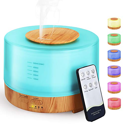 Hianjoo Humidificador Ultrasónico Aroma Difusor 500 ml Difusore Aromaterapia Lámpara 7 LED Colorida con Función de Altavoz de Control Remoto para Yoga Salon SPA Vivir, Dormir, Bañarse, Hotel