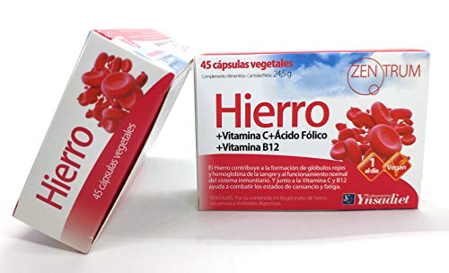 Hierro Suplemento 45 Cápsulas| Comprimidos de Hierro Vegetal| Energía Concentración y Memoria|Hierro con Ácido Fólico + Vitamina C + Vitamina B12| Aquisana