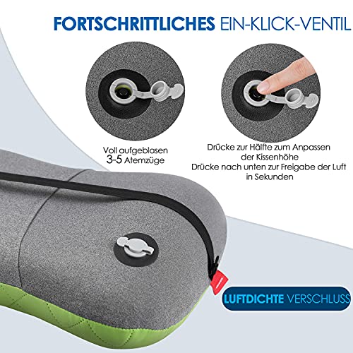 HIKENTURE Almohada hinchable para acampada/viaje con funda de almohada extraíble, almohada ergonómica, cómoda almohada cervical para viaje/exterior, cojín inflable para cuello (verde).