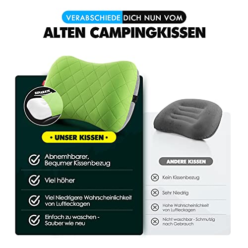 HIKENTURE Almohada hinchable para acampada/viaje con funda de almohada extraíble, almohada ergonómica, cómoda almohada cervical para viaje/exterior, cojín inflable para cuello (verde).