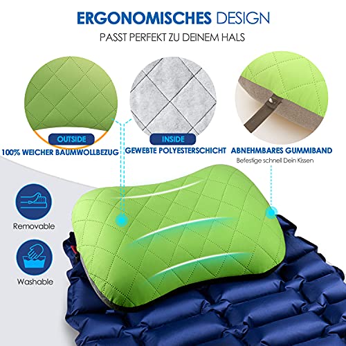 HIKENTURE Almohada hinchable para acampada/viaje con funda de almohada extraíble, almohada ergonómica, cómoda almohada cervical para viaje/exterior, cojín inflable para cuello (verde).