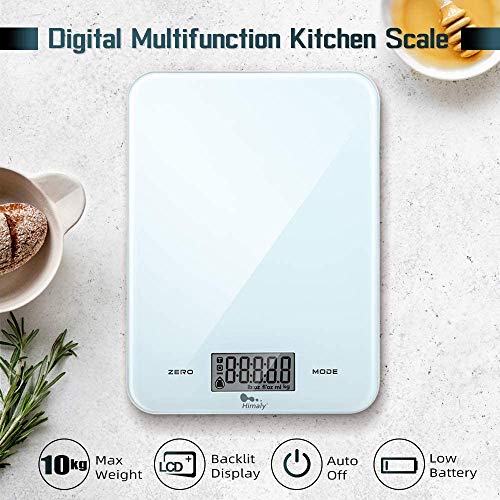 himaly Báscula Cocina Digital, 10KG / 22lbs Bascula de Cocina con Alta Precisión, Pantalla LED & Vidrio Templado, Función Tara, para Hornear y ​Cocinar, Baterías Incluida