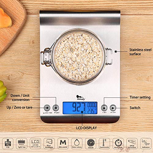 himaly Báscula de Cocina, digital báscula de acero inoxidable, Balanza de Alimentos Multifuncional 5kg/1g , Color Plata (Baterías Incluidas) (Metal)