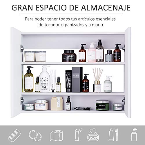 HOMCOM Armario de Baño con Espejo Armario de Pared 2 Puertas con 3 Estantes Interiores Estilo Moderno para Dormitorio Salón 80x15x60 cm Blanco