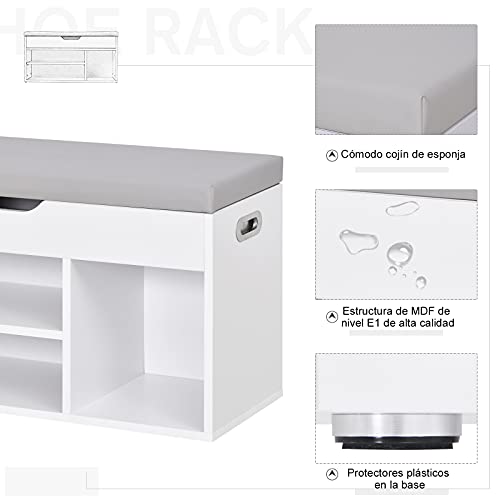 HOMCOM Armario Zapatero para Almacenamiento Banco de Zapatero con Asiento Estantes Cajón y Cojín Dos Niveles para Entrada y Recibidores Moderno Carga MAX 120kg 80x30x43cm Blanco