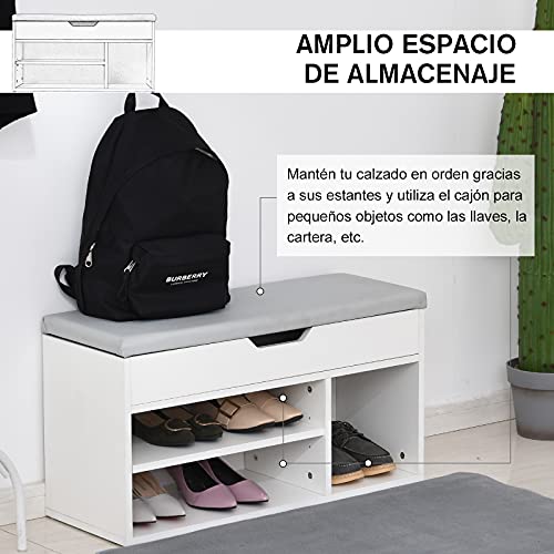 HOMCOM Armario Zapatero para Almacenamiento Banco de Zapatero con Asiento Estantes Cajón y Cojín Dos Niveles para Entrada y Recibidores Moderno Carga MAX 120kg 80x30x43cm Blanco