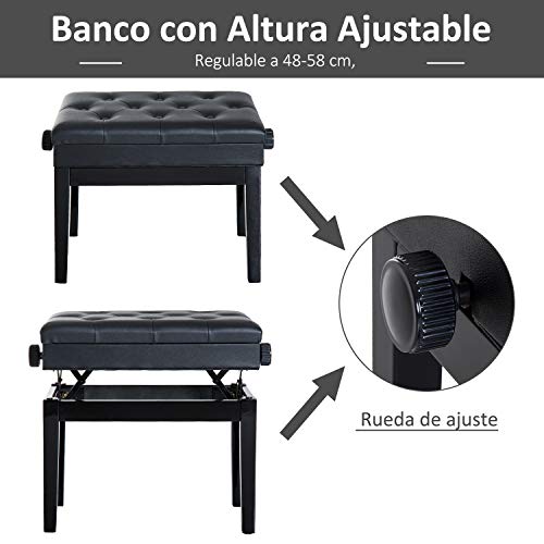 HOMCOM Banco de Piano Taburete Piano con Espacio de Almacenamiento Altura Regulable