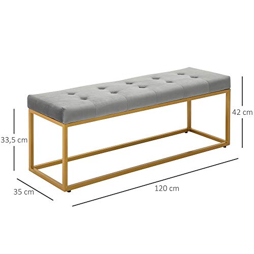 HOMCOM Banqueta Multifuncional Banco Taburete Pie de Cama con Asiento Acolchado y Patas Metálicas 120x35x42 cm Gris y Dorado