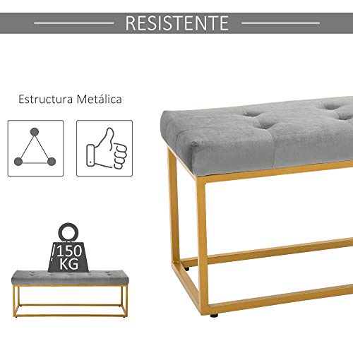 HOMCOM Banqueta Multifuncional Banco Taburete Pie de Cama con Asiento Acolchado y Patas Metálicas 120x35x42 cm Gris y Dorado