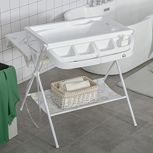 HOMCOM Cambiador y Bañera 2 en 1 para Bebé 0-12 Meses Plegable con Múltiples Espacios de Almacenamiento Estante Inferior Carga Máx. 15 kg 80x70x95 cm Blanco