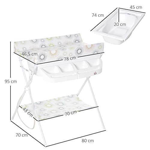 HOMCOM Cambiador y Bañera 2 en 1 para Bebé 0-12 Meses Plegable con Múltiples Espacios de Almacenamiento Estante Inferior Carga Máx. 15 kg 80x70x95 cm Blanco