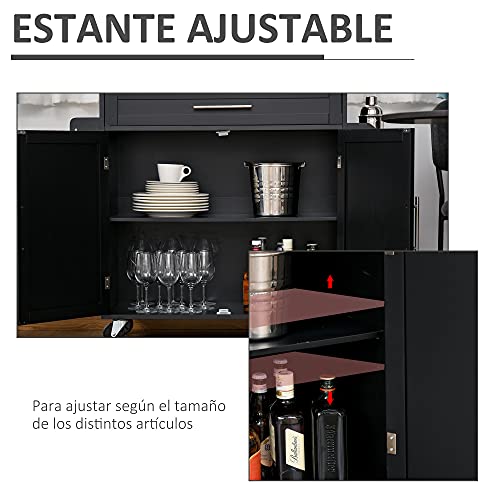 HOMCOM Carrito de Cocina con Armario con Puertas y Estante Interior Ajustable Cajón Barra y Especiero Móvil Aparador Auxiliar con Ruedas para Comedor 109x40x89 cm Negro