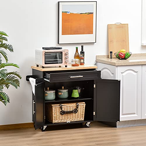 HOMCOM Carrito de Cocina con Armario con Puertas y Estante Interior Ajustable Cajón Barra y Especiero Móvil Aparador Auxiliar con Ruedas para Comedor 109x40x89 cm Negro