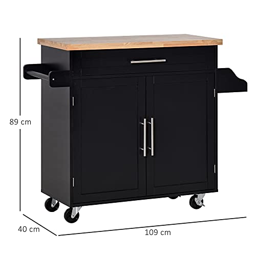 HOMCOM Carrito de Cocina con Armario con Puertas y Estante Interior Ajustable Cajón Barra y Especiero Móvil Aparador Auxiliar con Ruedas para Comedor 109x40x89 cm Negro