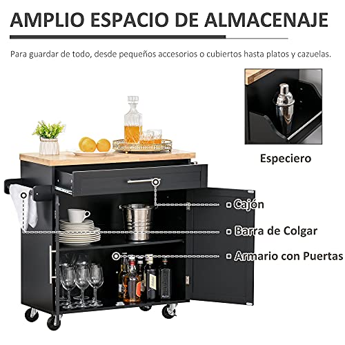 HOMCOM Carrito de Cocina con Armario con Puertas y Estante Interior Ajustable Cajón Barra y Especiero Móvil Aparador Auxiliar con Ruedas para Comedor 109x40x89 cm Negro