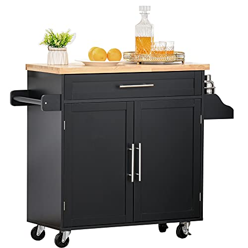 HOMCOM Carrito de Cocina con Armario con Puertas y Estante Interior Ajustable Cajón Barra y Especiero Móvil Aparador Auxiliar con Ruedas para Comedor 109x40x89 cm Negro