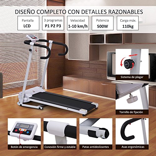 HOMCOM Cinta de Correr y Andar Plegable y Eléctrica de 500W para Fitness 1-10Km/h con Pantalla LCD y Carga Máx. 110 kg Blanco y Negro