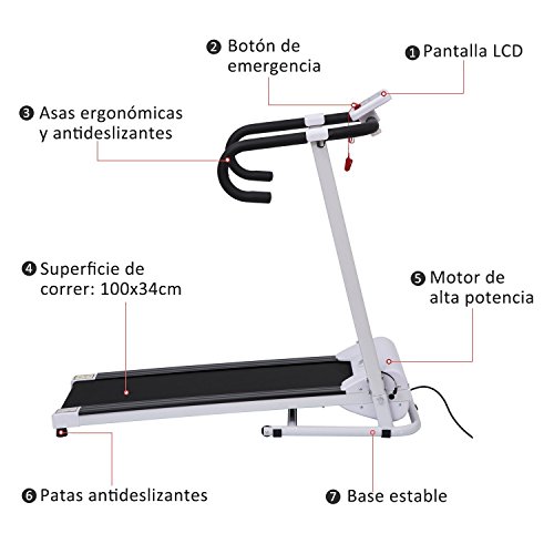 HOMCOM Cinta de Correr y Andar Plegable y Eléctrica de 500W para Fitness 1-10Km/h con Pantalla LCD y Carga Máx. 110 kg Blanco y Negro