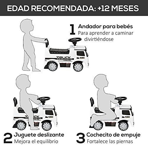 HOMCOM Coche Correpasillos Mercedes ANTOS para Niños de +12 Meses con Bocina Faros Compartimento de Almacenaje Respaldo y Protección Antivuelco 62,5x28,5x45 cm Blanco y Negro