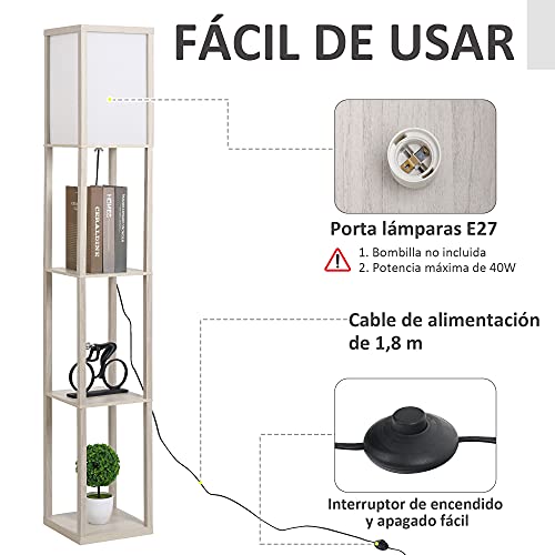 HOMCOM Lámpara de Pie de Madera con 3 Estantes de Almacenaje para Bombilla E27 Potencia Máx. 40W Lámpara Moderna para Salón Dormitorio 26x26x160 cm Roble y Blanco