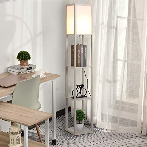 HOMCOM Lámpara de Pie de Madera con 3 Estantes de Almacenaje para Bombilla E27 Potencia Máx. 40W Lámpara Moderna para Salón Dormitorio 26x26x160 cm Roble y Blanco