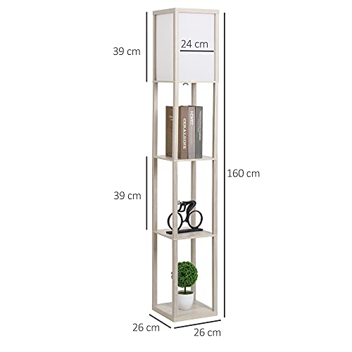 HOMCOM Lámpara de Pie de Madera con 3 Estantes de Almacenaje para Bombilla E27 Potencia Máx. 40W Lámpara Moderna para Salón Dormitorio 26x26x160 cm Roble y Blanco