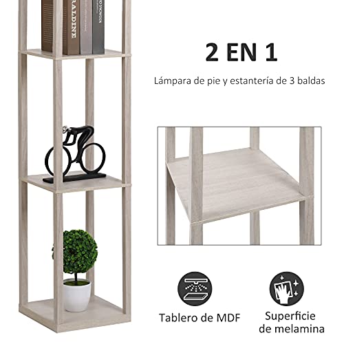 HOMCOM Lámpara de Pie de Madera con 3 Estantes de Almacenaje para Bombilla E27 Potencia Máx. 40W Lámpara Moderna para Salón Dormitorio 26x26x160 cm Roble y Blanco