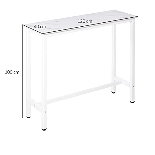 HOMCOM Mesa de Bar Mesa Alta con Encimera de Melamina Efecto Marmoleado y Patas de Acero Estilo Moderno para Cocina Cafetería Comedor 120x40x100 cm Blanco