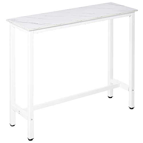 HOMCOM Mesa de Bar Mesa Alta con Encimera de Melamina Efecto Marmoleado y Patas de Acero Estilo Moderno para Cocina Cafetería Comedor 120x40x100 cm Blanco