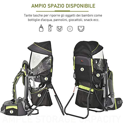 HOMCOM Mochila Portabebés Plegable Ergonómica Mochila Senderismo con Base de Soporte Múltiples Bolsillos para 6-36 Meses Carga 15 kg 38x77x87,5 cm Verde