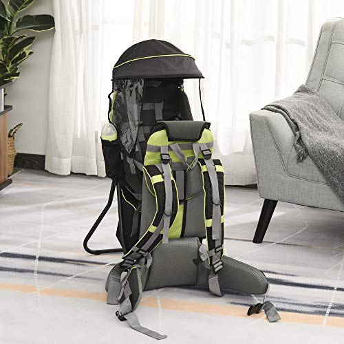 HOMCOM Mochila Portabebés Plegable Ergonómica Mochila Senderismo con Base de Soporte Múltiples Bolsillos para 6-36 Meses Carga 15 kg 38x77x87,5 cm Verde