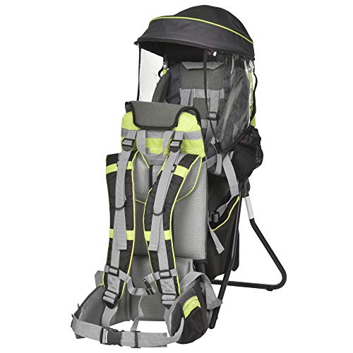 HOMCOM Mochila Portabebés Plegable Ergonómica Mochila Senderismo con Base de Soporte Múltiples Bolsillos para 6-36 Meses Carga 15 kg 38x77x87,5 cm Verde