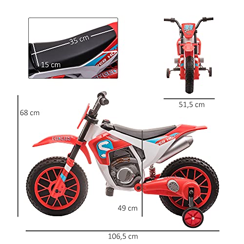 HOMCOM Moto Eléctrica para Niños de +3 Años 12V Moto de Juguete Infantil con 2 Ruedas de Equilibrio Velocidad Máx. 8 km/h Arranque Suave 106,5x51,5x68 cm Rojo