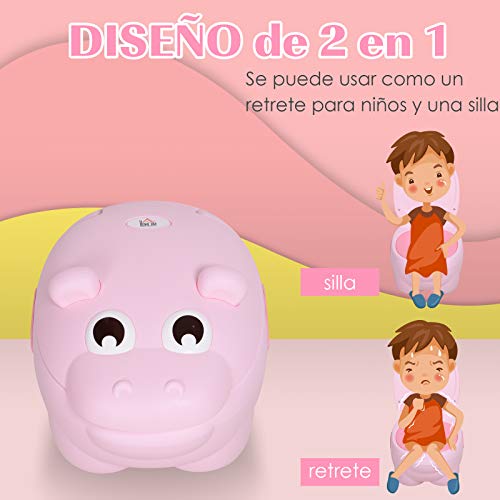 HOMCOM Orinal para Bebés en Forma de Hipopótamo 2 en 1 con Tapa Cubo Extraíble y Cepillo Inodoro para Aprender Entrenamiento Carga 25 kg 40x30x23 cm Rosa