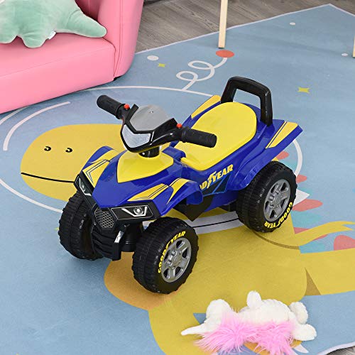 HOMCOM Quad Correpasillos para Niños 18-36 Meses Coche Cuatrimoto con Funciones de Luces Bocina y Espacio Secreto de Almacenaje 60x31x42 cm Azul