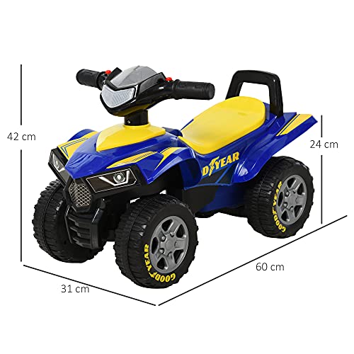 HOMCOM Quad Correpasillos para Niños 18-36 Meses Coche Cuatrimoto con Funciones de Luces Bocina y Espacio Secreto de Almacenaje 60x31x42 cm Azul