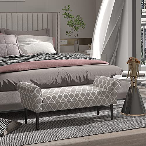 HOMCOM Taburete Pie de Cama Banqueta con Brazos Tapizada y Acolchada Tipo Blanco de Madera para Dormitorio y Recibidor 132x45,5x58 cm Gris Estampado