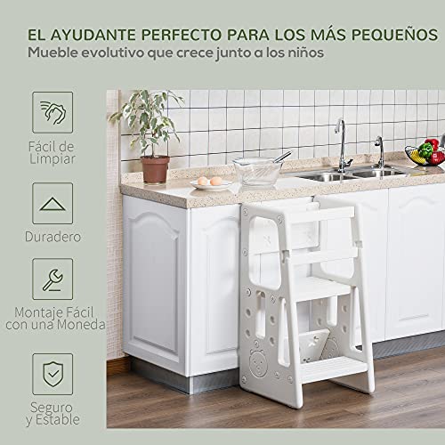 HOMCOM Torre de Aprendizaje para Niños Taburete Infantil con Altura Ajustable en 3 Posiciones y Plataforma Antideslizante para Cocina Comedor Baño 47x47x90 cm Blanco