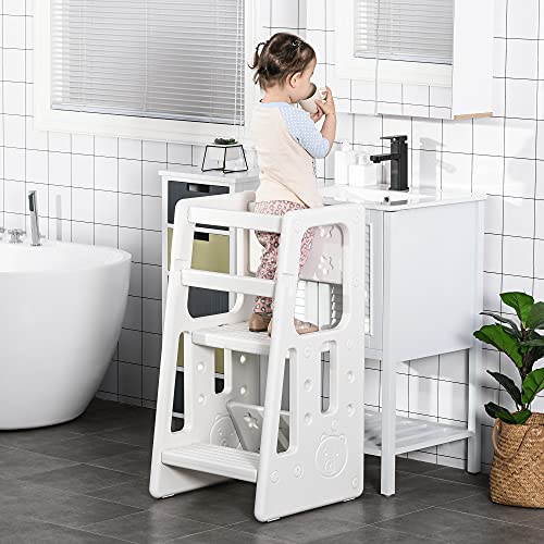 HOMCOM Torre de Aprendizaje para Niños Taburete Infantil con Altura Ajustable en 3 Posiciones y Plataforma Antideslizante para Cocina Comedor Baño 47x47x90 cm Blanco