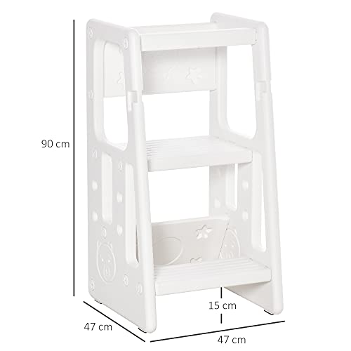 HOMCOM Torre de Aprendizaje para Niños Taburete Infantil con Altura Ajustable en 3 Posiciones y Plataforma Antideslizante para Cocina Comedor Baño 47x47x90 cm Blanco