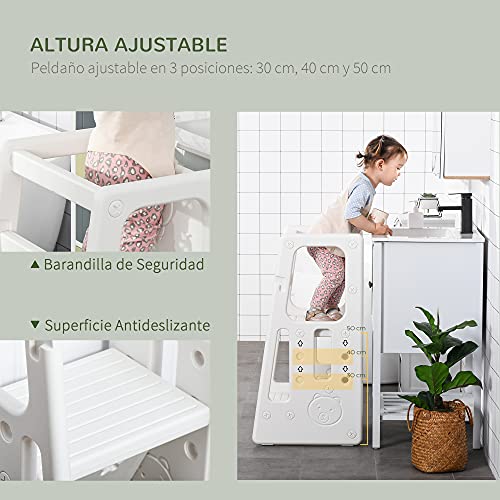 HOMCOM Torre de Aprendizaje para Niños Taburete Infantil con Altura Ajustable en 3 Posiciones y Plataforma Antideslizante para Cocina Comedor Baño 47x47x90 cm Blanco