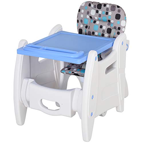 HOMCOM Trona para Bebés 3 en 1 para Mayores de 6 Meses Transformable en Mesa y Silla Multifuncional Ajustable en 3 Posiciones Respaldo Alto Acolchado con 2 Bandejas Extraíbles 57x59x105 cm Azul