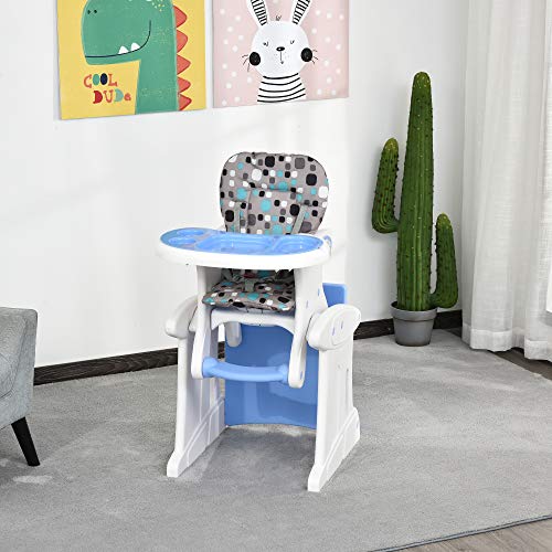 HOMCOM Trona para Bebés 3 en 1 para Mayores de 6 Meses Transformable en Mesa y Silla Multifuncional Ajustable en 3 Posiciones Respaldo Alto Acolchado con 2 Bandejas Extraíbles 57x59x105 cm Azul