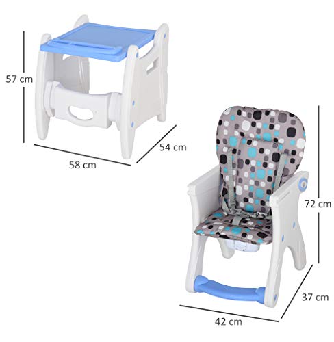 HOMCOM Trona para Bebés 3 en 1 para Mayores de 6 Meses Transformable en Mesa y Silla Multifuncional Ajustable en 3 Posiciones Respaldo Alto Acolchado con 2 Bandejas Extraíbles 57x59x105 cm Azul