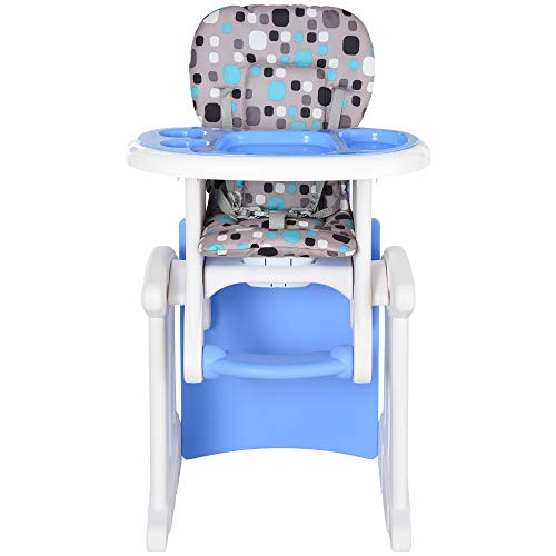 HOMCOM Trona para Bebés 3 en 1 para Mayores de 6 Meses Transformable en Mesa y Silla Multifuncional Ajustable en 3 Posiciones Respaldo Alto Acolchado con 2 Bandejas Extraíbles 57x59x105 cm Azul