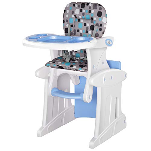 HOMCOM Trona para Bebés 3 en 1 para Mayores de 6 Meses Transformable en Mesa y Silla Multifuncional Ajustable en 3 Posiciones Respaldo Alto Acolchado con 2 Bandejas Extraíbles 57x59x105 cm Azul