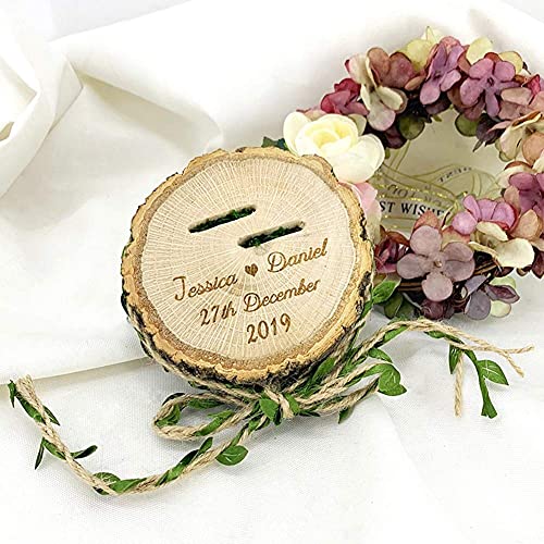 HOMEDAI Hecha a Mano Personalizable Caja para Anillos de Boda con Grabado Vintage y Redondo, Ideal para Novias y Novios