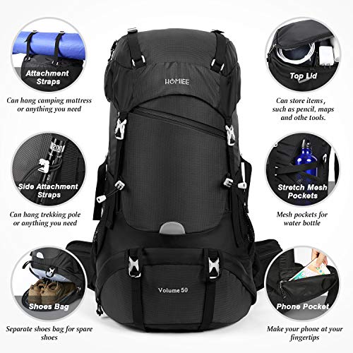 HOMIEE 50L Mochila Senderismo, Mochila de Montaña Multifuncional, Mochila al Aire Libre Impermeable, Adecuada para Trekking, Excursiones, Caminatas, Mochila de Viaje con Cubierta de Lluvia