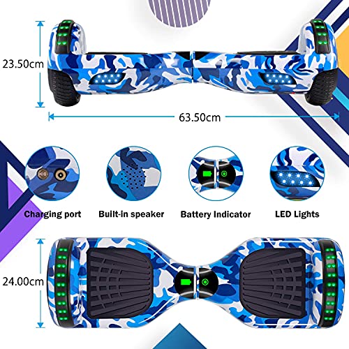 Hoverboard, Patinete Flotante autoequilibrado de 6.5 "con Ruedas, Altavoz Bluetooth, Luces LED para niños y Adultos (Camuflaje Azul)