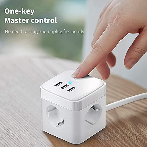 HOVNEE Cube Enchufe USB con 3 Puertos de USB y 3 Tomas Regleta Proteccion Sobretension Enchufe Alargador Multiple Carga para Samsung iPad iPhone Tablets - Cable 1.5 m (2500 W/10 A) (blanco)